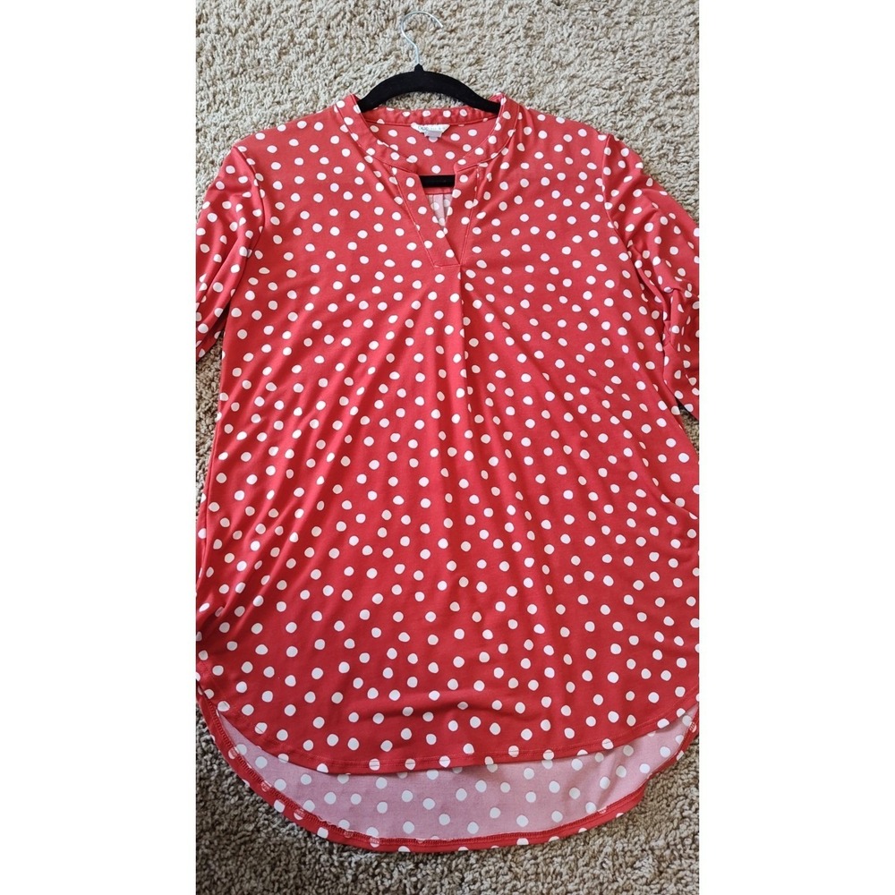 Cato Women Blouse Small Red White Polka Dot Split-Neck Tunic Top Y2K Tab Sleeves